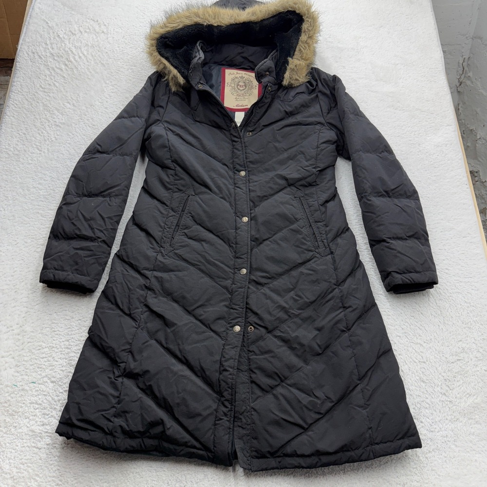 Polo Jeans Co Ralph Lauren Womens Black Down Fill Faux Fur‎ Hood Puffer Coat M